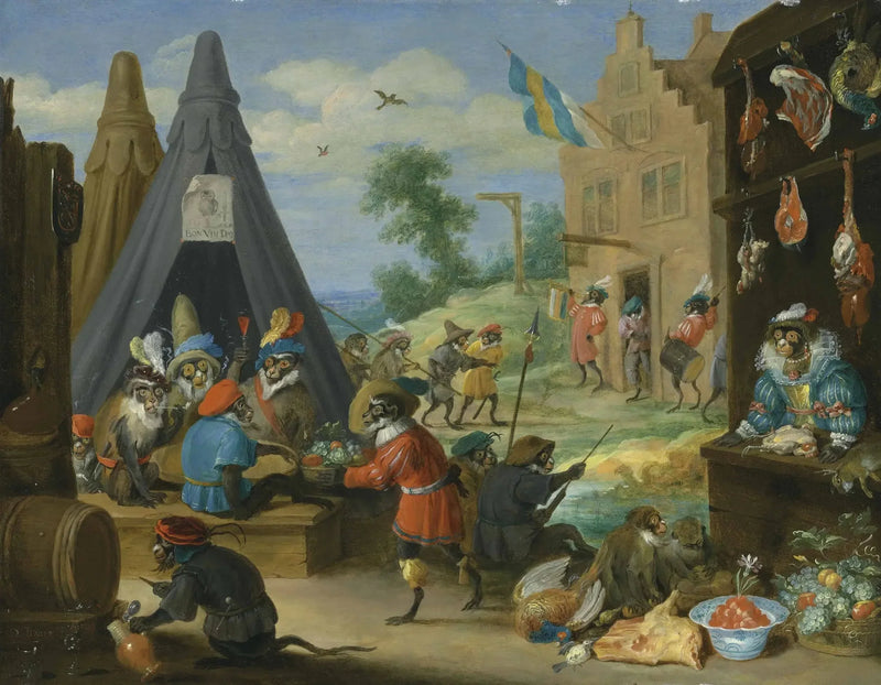 Un festival di scimmie (scimmie travestite da soldati in un accampamento vicino a una città) - David Teniers il Giovane