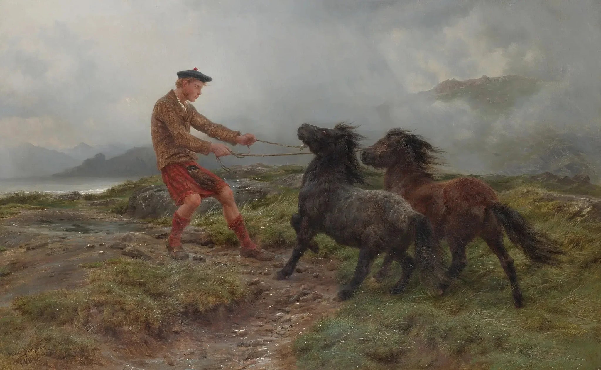 Un ghillie et deux poneys Shetland dans un paysage brumeux - Rosa Bonheur image 1 copie peinte à la main à l’huile