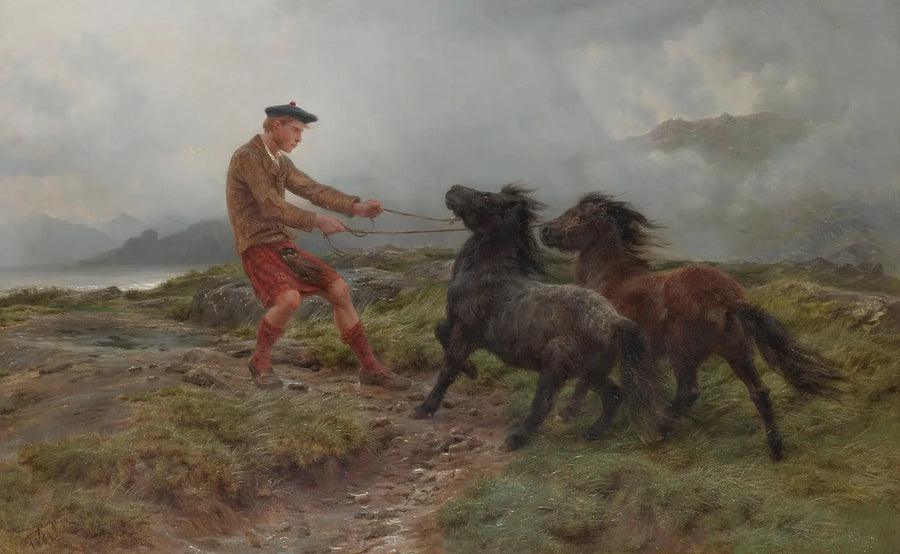 Un ghillie e due pony Shetland in un paesaggio nebbioso - Rosa Bonheur