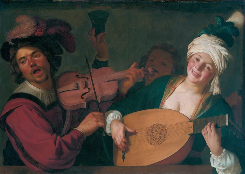 Un gruppo gioioso dietro una balaustra con un violino e un suonatore di liuto - Gerrit van Honthorst
