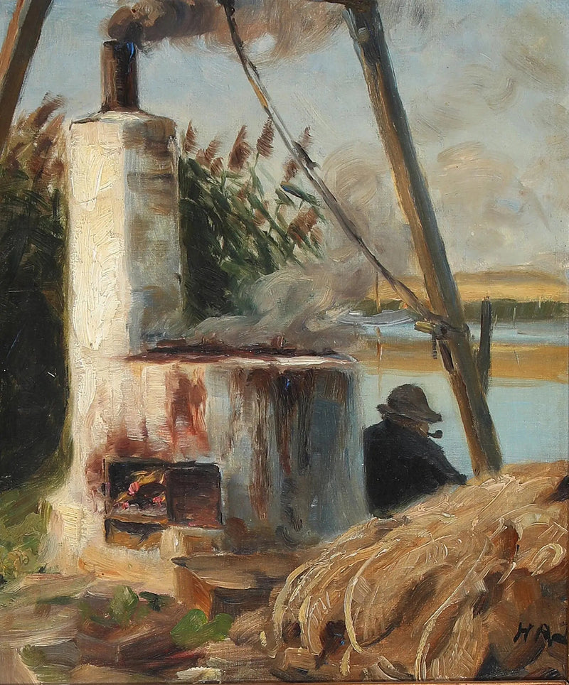 Un uomo seduto davanti al forno fumante. - H. A. Brendekilde