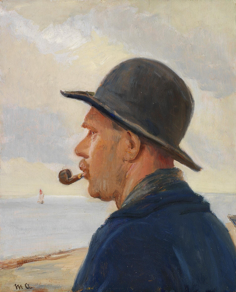 Un uomo con la pipa e un cappello di feltro sulla spiaggia di Skagen. - Michael Peter Ancher
