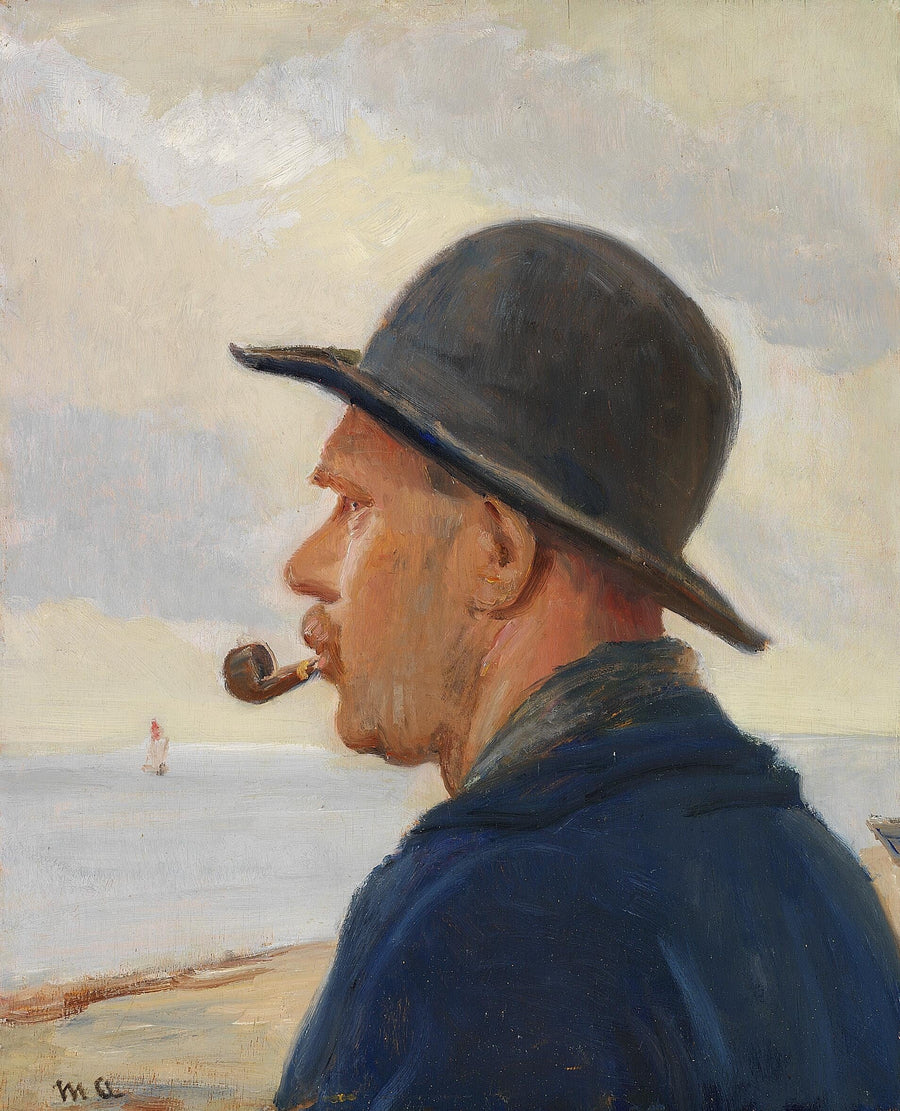Un uomo con la pipa e un cappello di feltro sulla spiaggia di Skagen. - Michael Peter Ancher