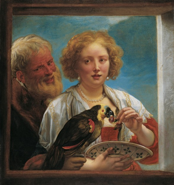 Un homme barbu et une femme donnent des cerises à un perroquet - Jacob Jordaens image 1 reproduction artisanale de tableau