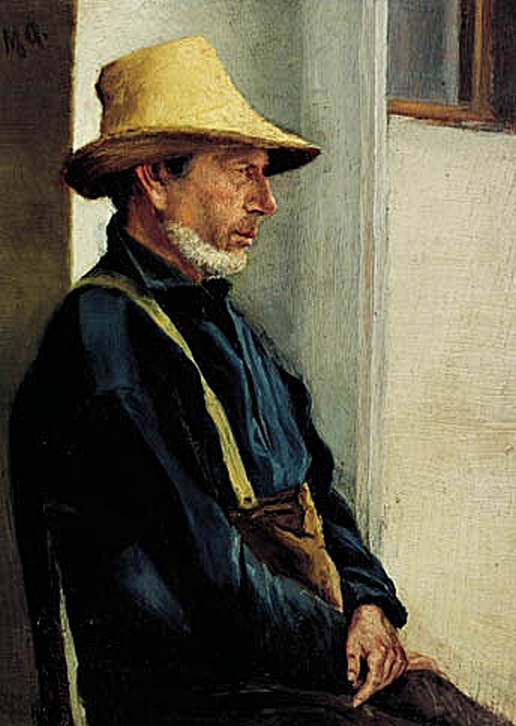 Un uomo di Skagen, vestito con una camicia blu e un cappello giallo. - Michael Peter Ancher