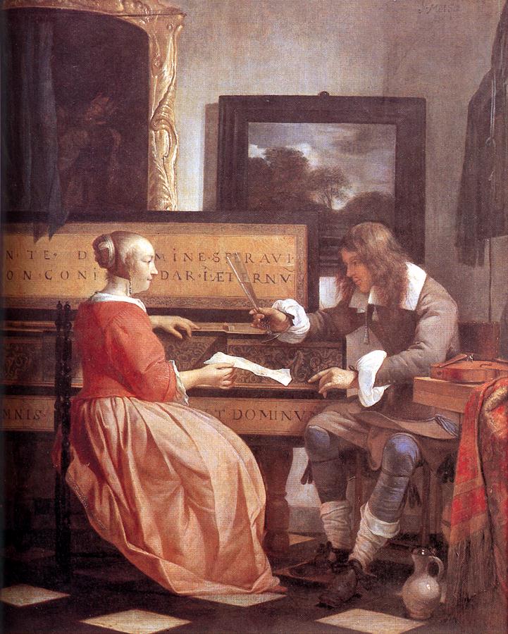 Un homme et une femme assis près d'un virginal - Gabriel Metsu