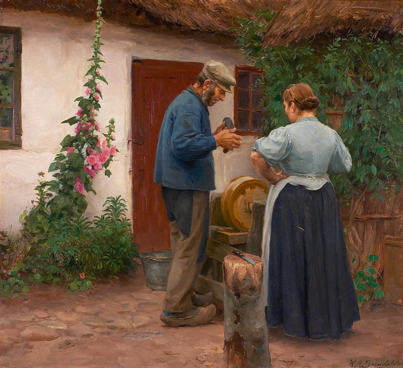Un uomo e una donna davanti a una pietra per affilare. - H. A. Brendekilde
