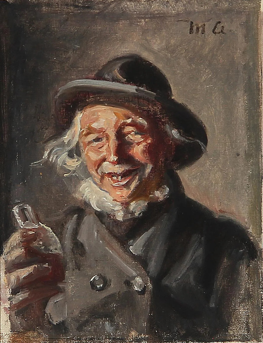 Un uomo felice che tiene in mano una bottiglia. - Michael Peter Ancher