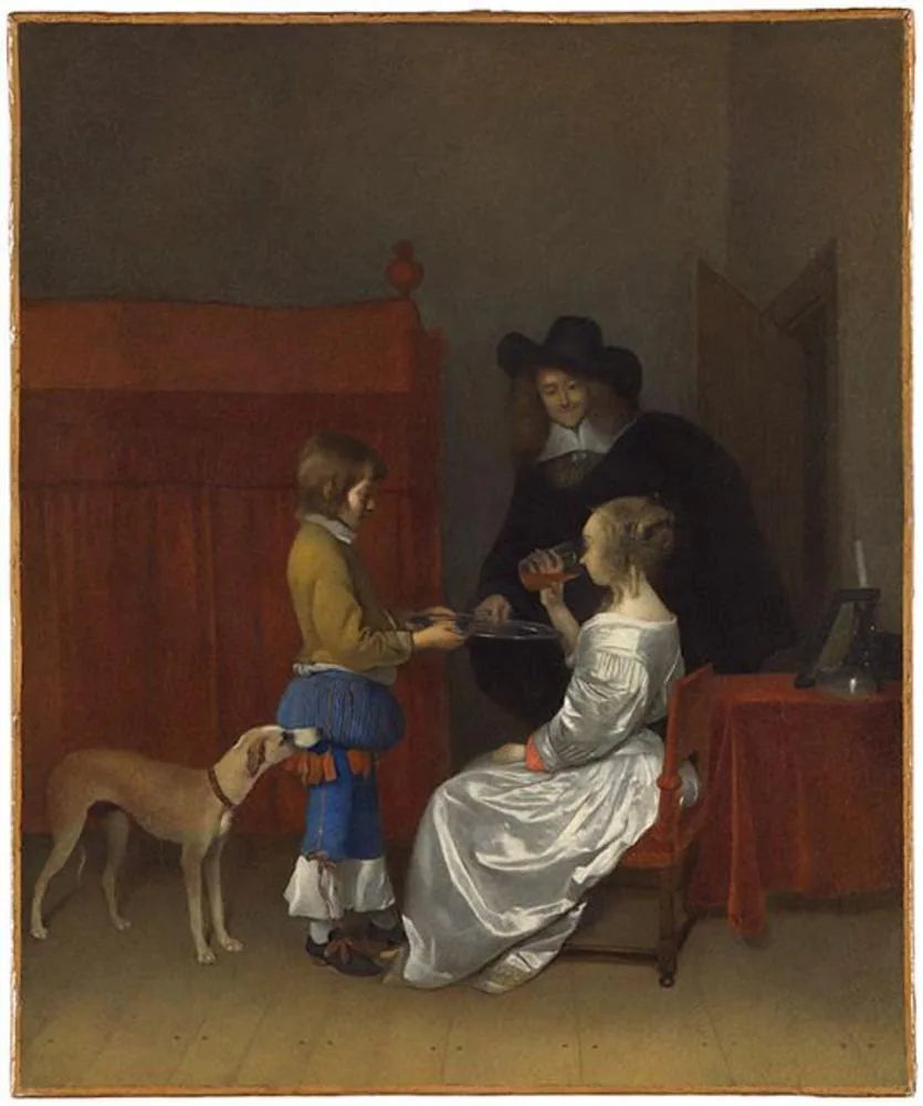 Un homme offre un verre de vin à une dame - Gerard ter Borch image 1 reproduction artisanale de tableau