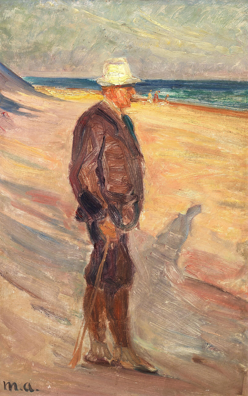 Un uomo con un cappello bianco e un bastone da passeggio sulla spiaggia di Skagen. - Michael Peter Ancher