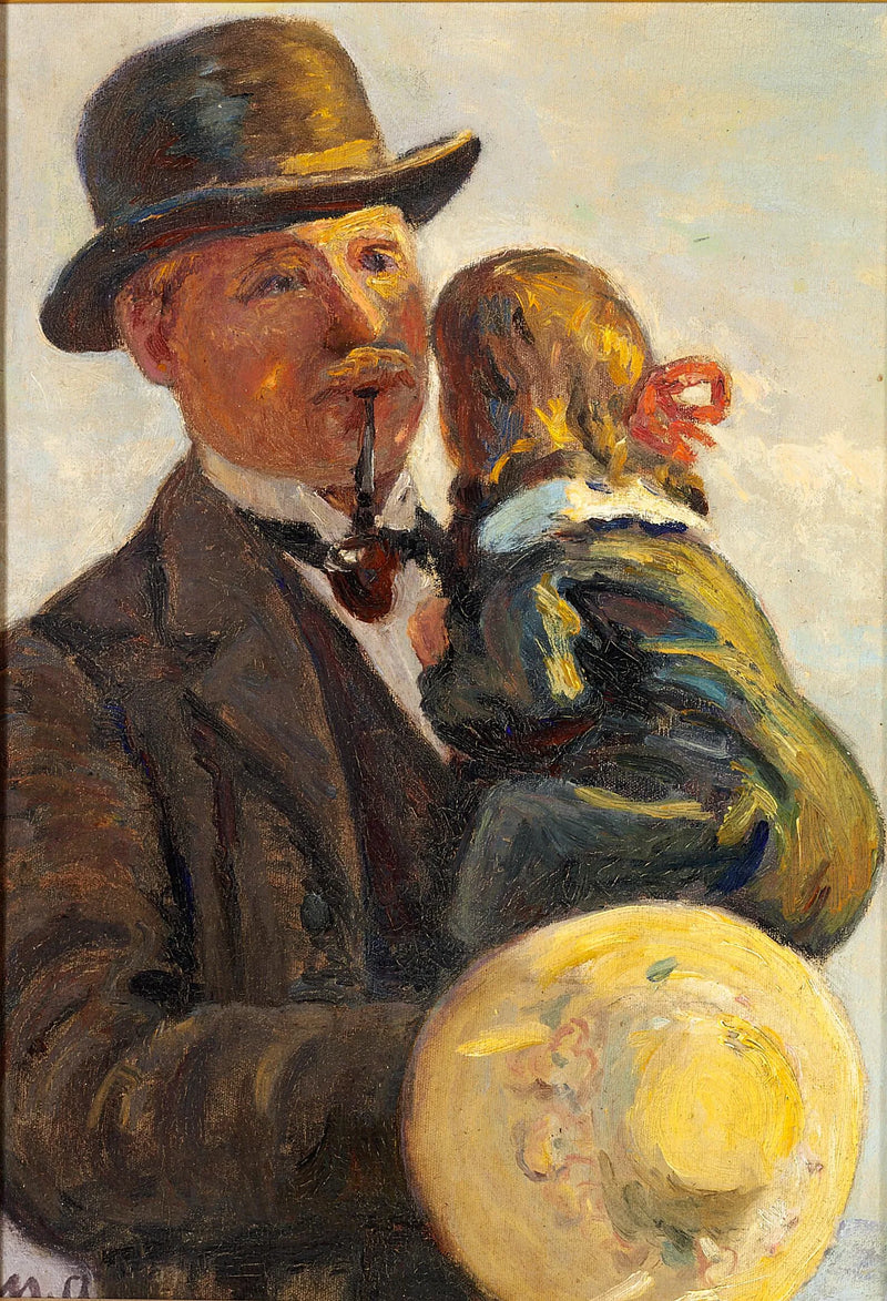 Un uomo che porta in braccio un bambino e fuma la pipa. - Michael Peter Ancher