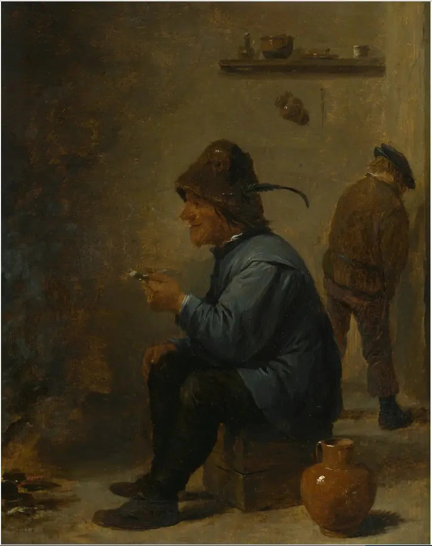 Un uomo che tiene una pipa seduto davanti a un fuoco in una taverna, un uomo che urina in un angolo - David Teniers il Giovane