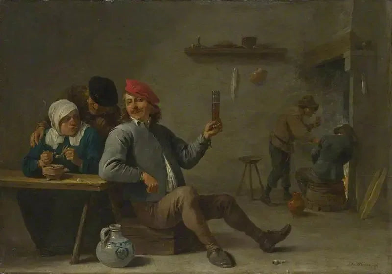 Un homme tenant un verre et une vieille femme allumant une pipe - David Teniers le Jeune image 1 tableau peint à l’huile sur toile