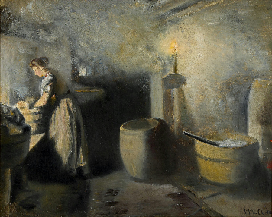 Un interno con una donna che lava i panni a lume di candela. - Michael Peter Ancher