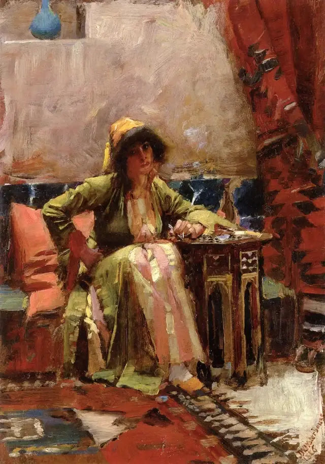 Un interno orientale con una ragazza seduta - John William Waterhouse