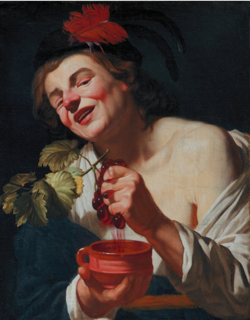 Un giovane uomo bacchico che pressa l'uva in una coppa (un'allegoria del gusto?) - Gerrit van Honthorst