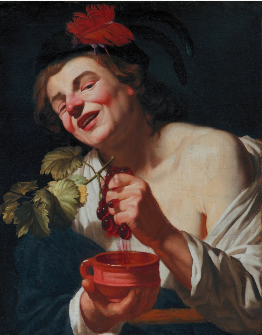 Un giovane uomo bacchico che pressa l'uva in una coppa (un'allegoria del gusto?) - Gerrit van Honthorst