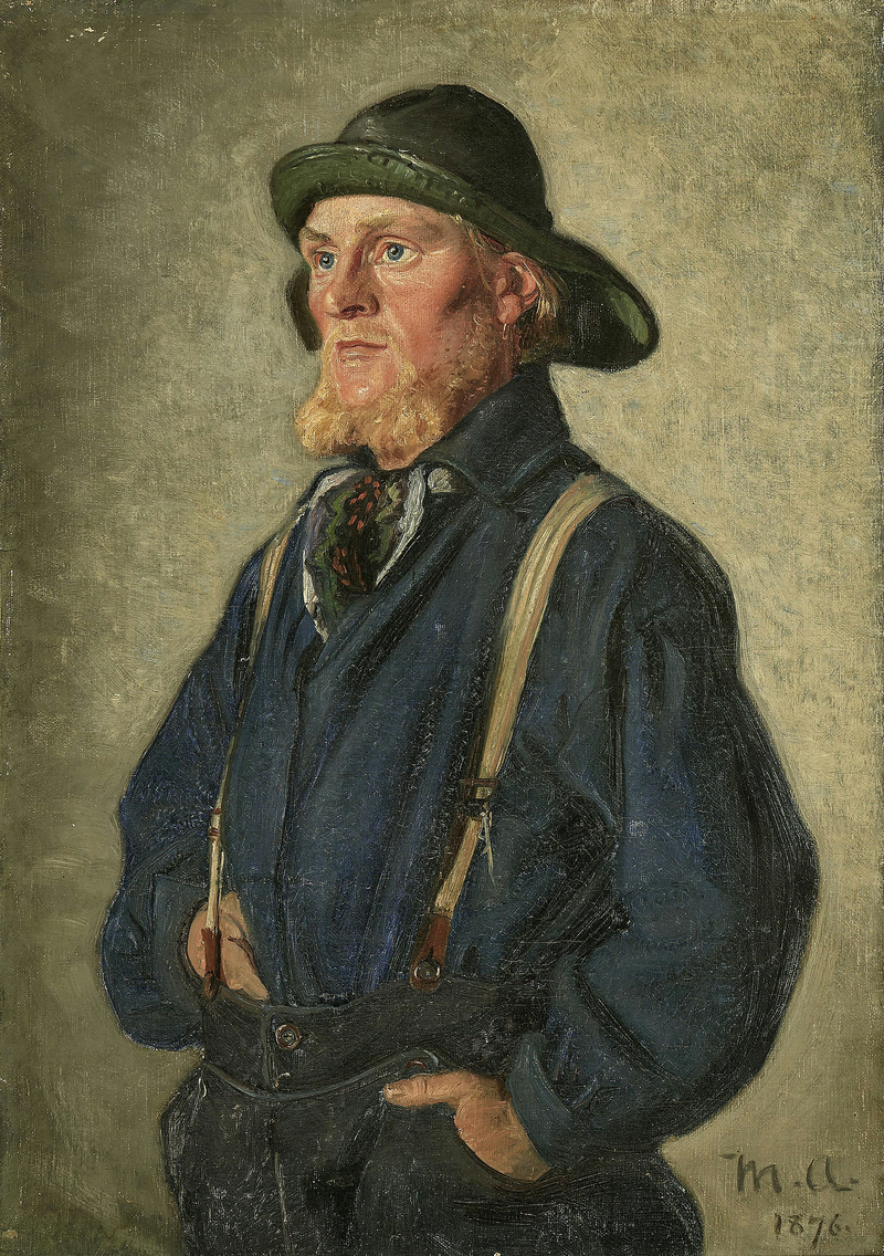 Un giovane pescatore in piedi, con indosso un impermeabile verde. -Michael Peter Ancher