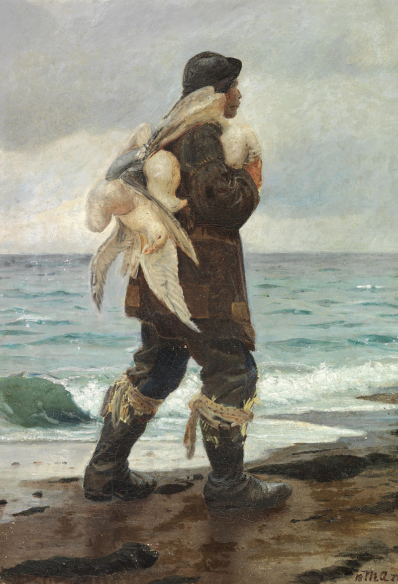 Un giovane pescatore torna a casa con i gabbiani che ha catturato. - Michael Peter Ancher