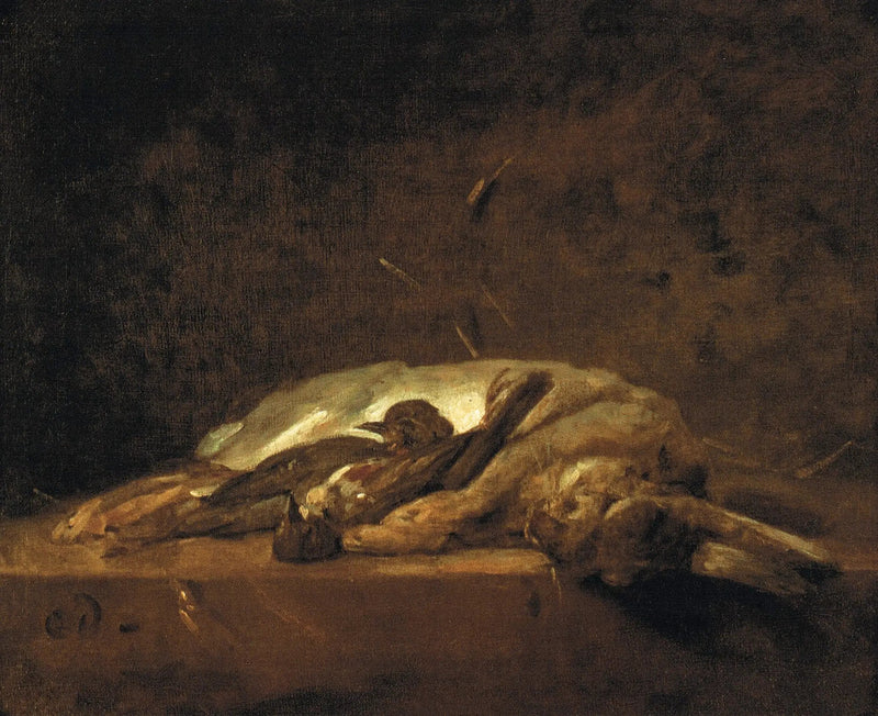 Un coniglio, due tordi morti e alcuni fili di paglia su un tavolo di pietra - Jean Siméon Chardin