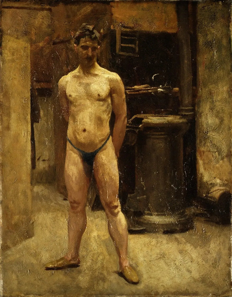 Un manichino maschile in piedi davanti a una stufa - John Singer Sargent