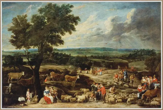 Un marché aux bestiaux in un vasto paesaggio con Anversa all'orizzonte - David Teniers il Giovane