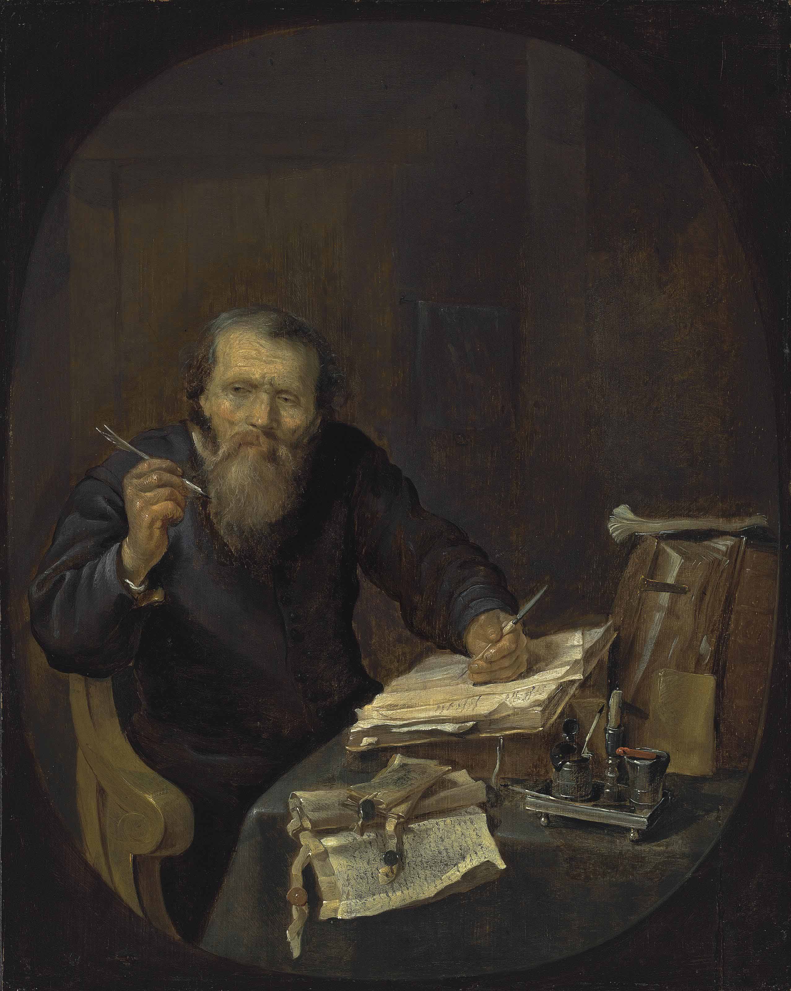 Un notaire aiguisant sa plume, dans un intérieur - Gabriel Metsu image 1 copie peinte à la main à l’huile