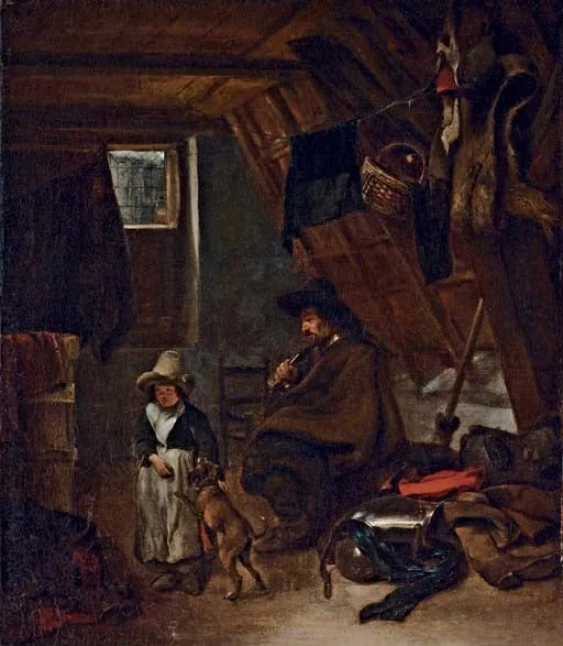 Un officier fumant la pipe et une jeune fille avec un chien dans une chambre mansardée - Gerard ter Borch image 1 copie peinte à la main à l’huile