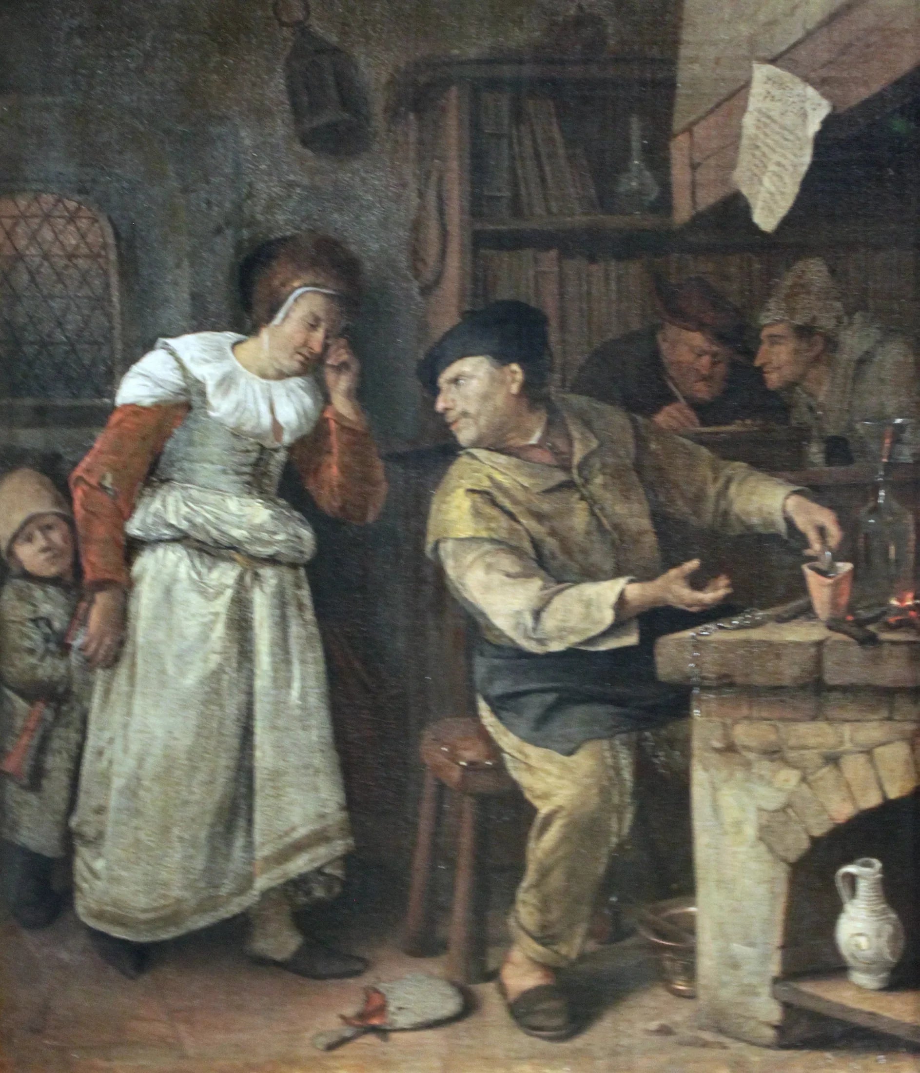 Un orfèvre fondant les bijoux d'une femme en présence d'un notaire, L'Alchimiste - Jan Steen image 1 tableau peint à l’huile sur toile