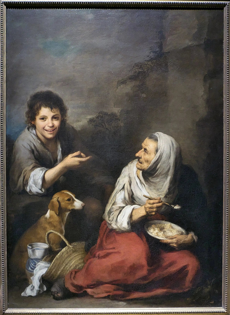 Un oursin se moquant d'une vieille femme mangiando migas - Bartolomé Esteban Murillo