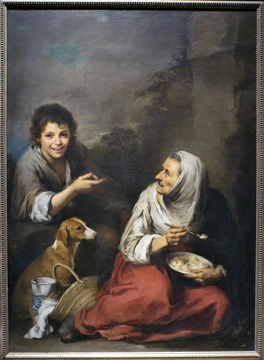 Un oursin se moquant d'une vieille femme mangiando migas - Bartolomé Esteban Murillo