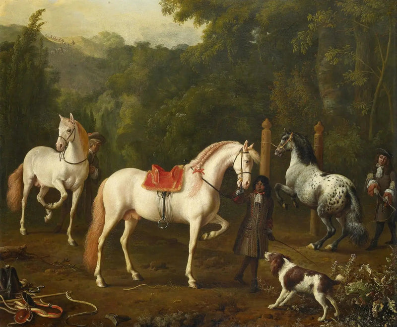 Un palafreniere assistente un maestro di equitazione al maneggio - Melchior de Hondecoeter