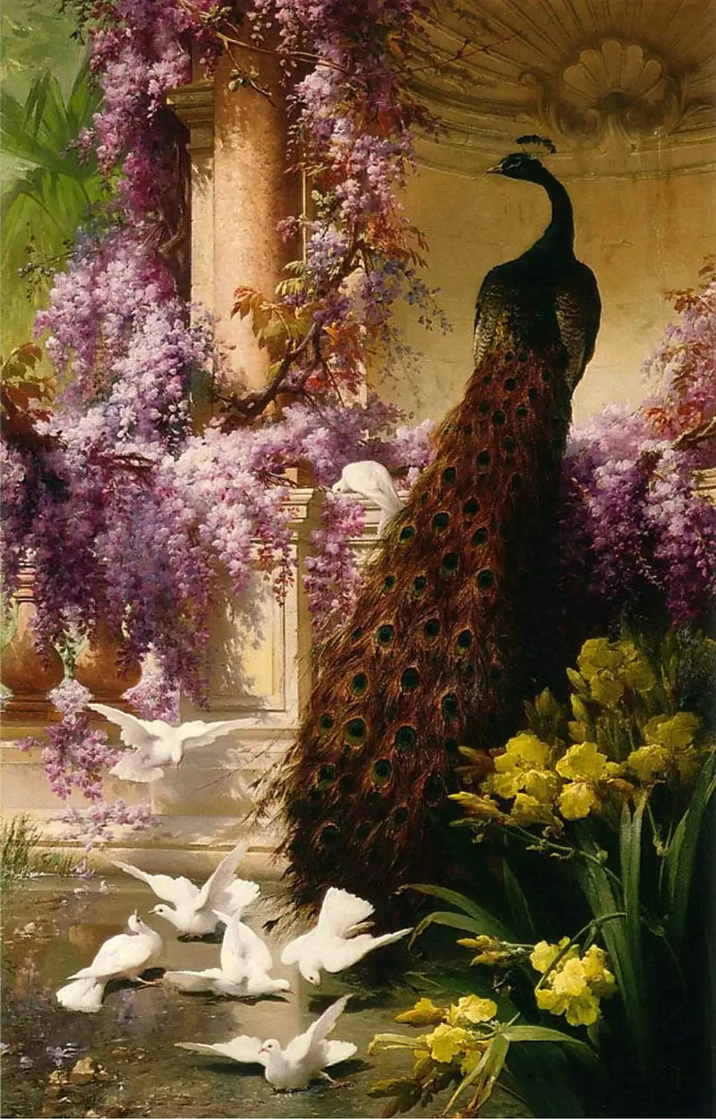 Un paon e delle colombe in un giardino - Eugène Bidau