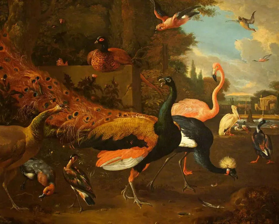 Un paon e una papessa con una gru, una fenicottera, un pellicano e altri uccelli, in un parco - Melchior de Hondecoeter