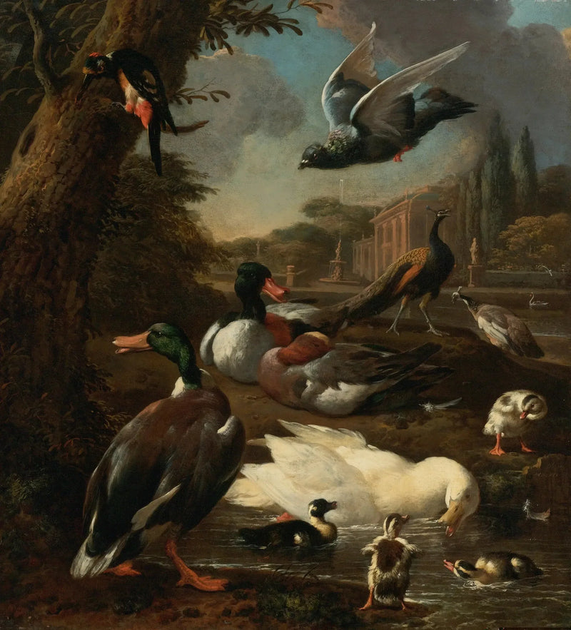 Un paon, un pigeon, dei cani e altri uccelli in un giardino - Melchior de Hondecoeter