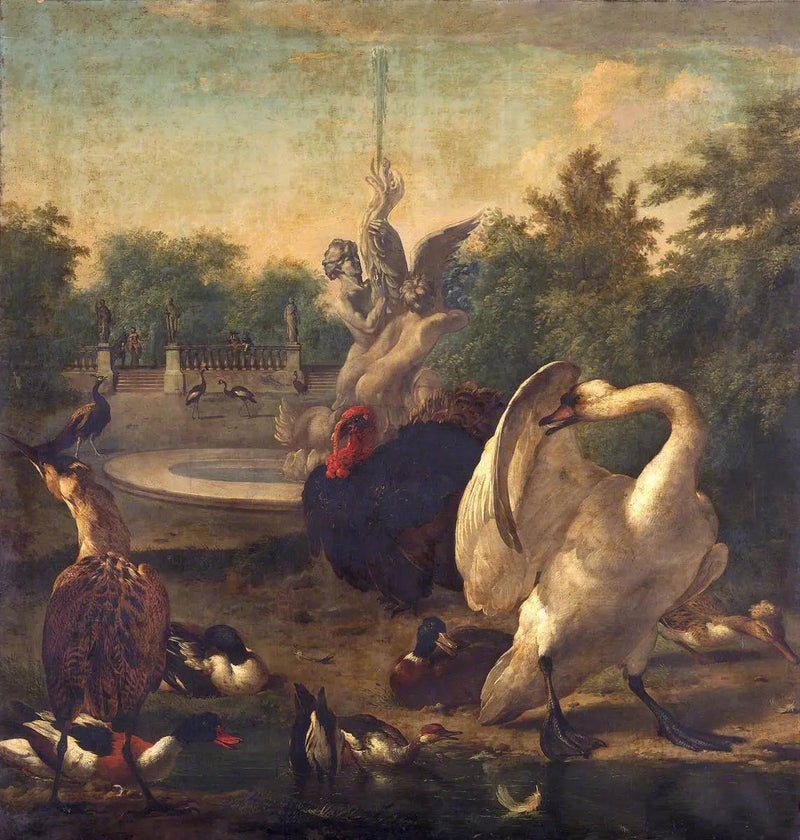 Un parco con un cigno e altri uccelli - Melchior de Hondecoeter