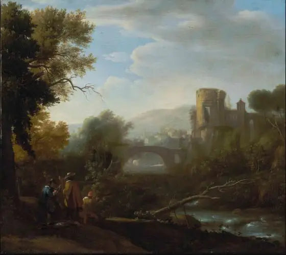 Un paysage con Tivoli e il tempio di Vesta, cacciatori e un artista che disegna in primo piano - Claude Lorrain