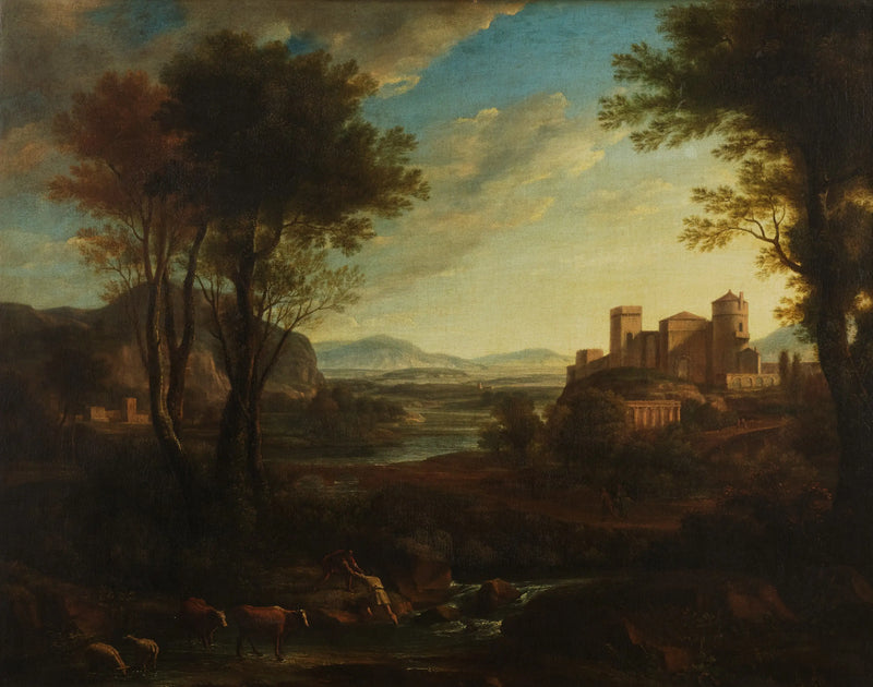 Un paesaggio classico con personaggi che attraversano un ruscello - Claude Lorrain