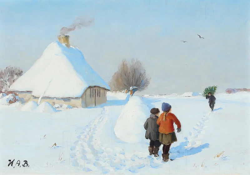Un paesaggio innevato con due bambini nella neve. - H. A. Brendekilde