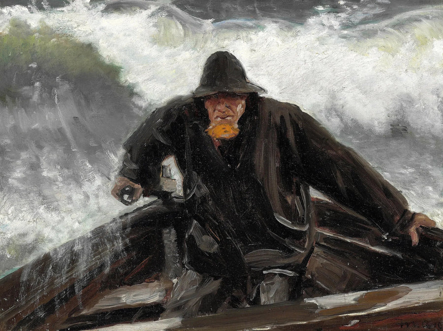 Un pescatore al timone di una barca in mezzo al mare agitato. - Michael Peter Ancher