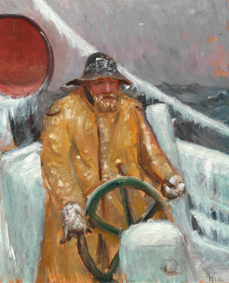 Un pescatore al timone di una nave ricoperta di ghiaccio. - Michael Peter Ancher