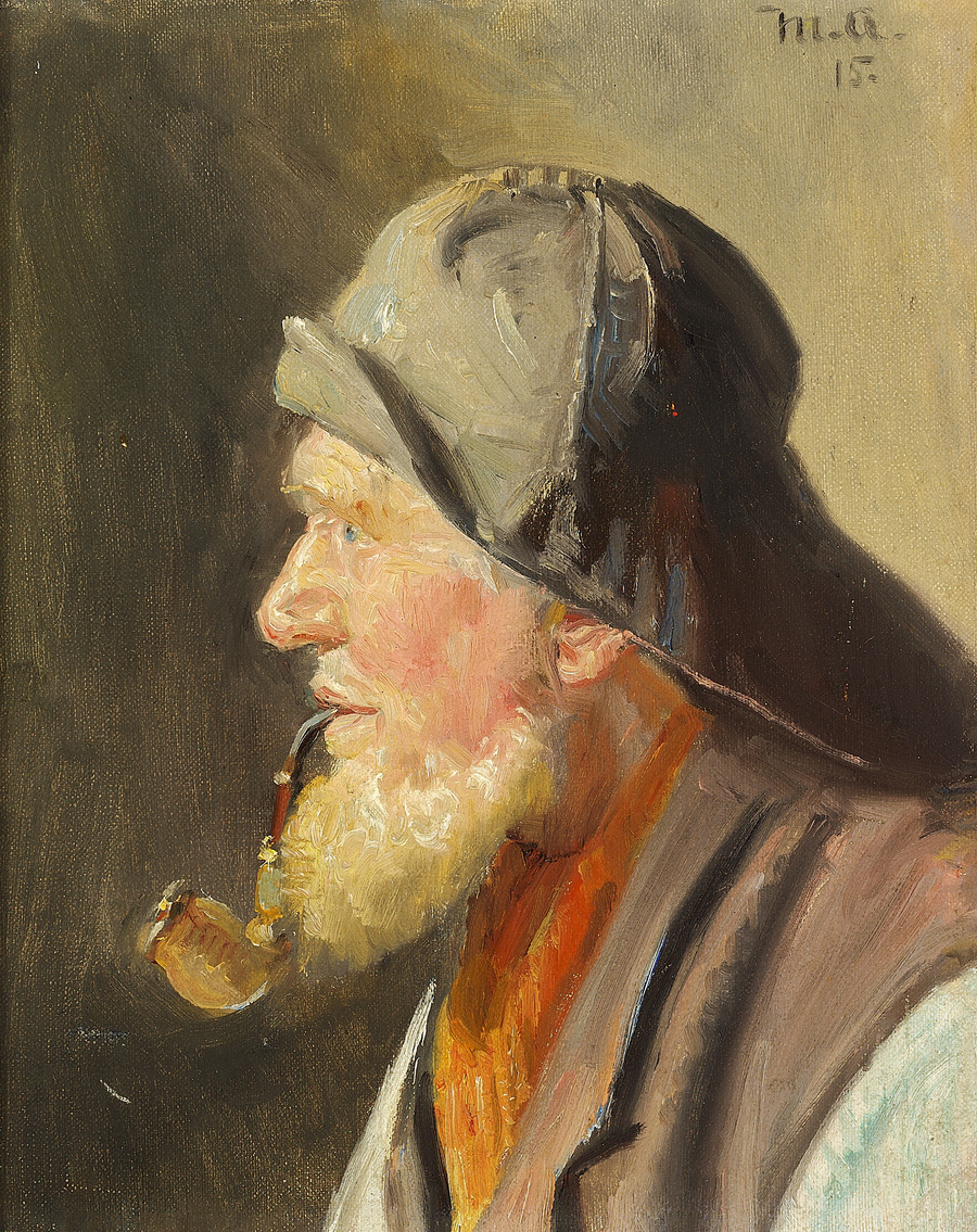Un pescatore con una pipa e un impermeabile. - Michael Peter Ancher