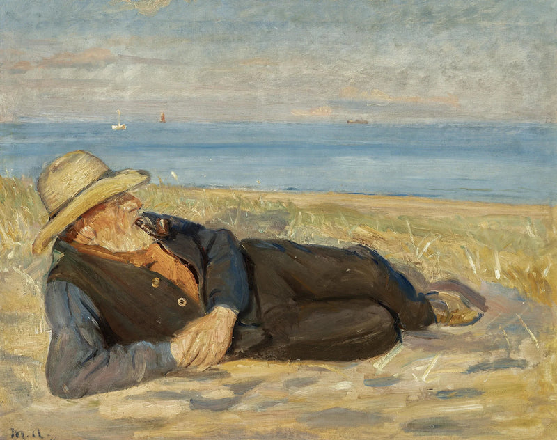 Un pescatore di Skagen sdraiato sulla spiaggia al tramonto. - Michael Peter Ancher