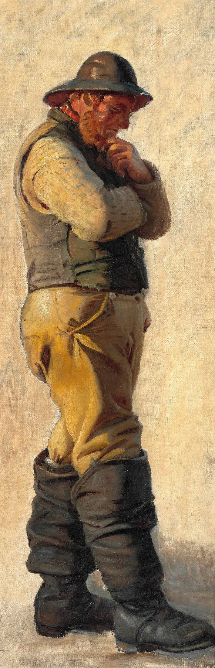 Un pescatore di Skagen, con indosso una cerata e stivali alti, si accarezza la barba. - Michael Peter Ancher