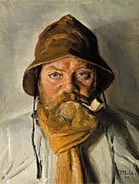 Un pescatore di Skagen che fuma la pipa e indossa una cerata. -Michael Peter Ancher