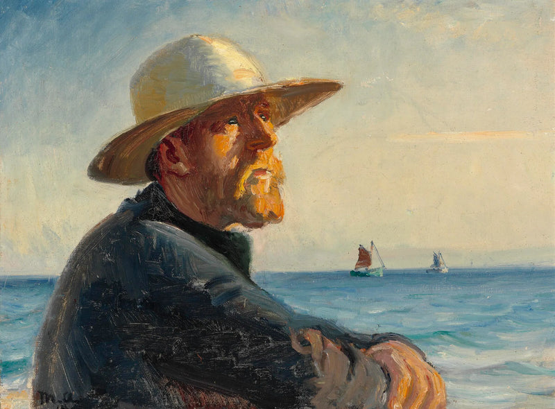 Un pescatore di Skagen è in piedi al sole sulla spiaggia. -Michael Peter Ancher