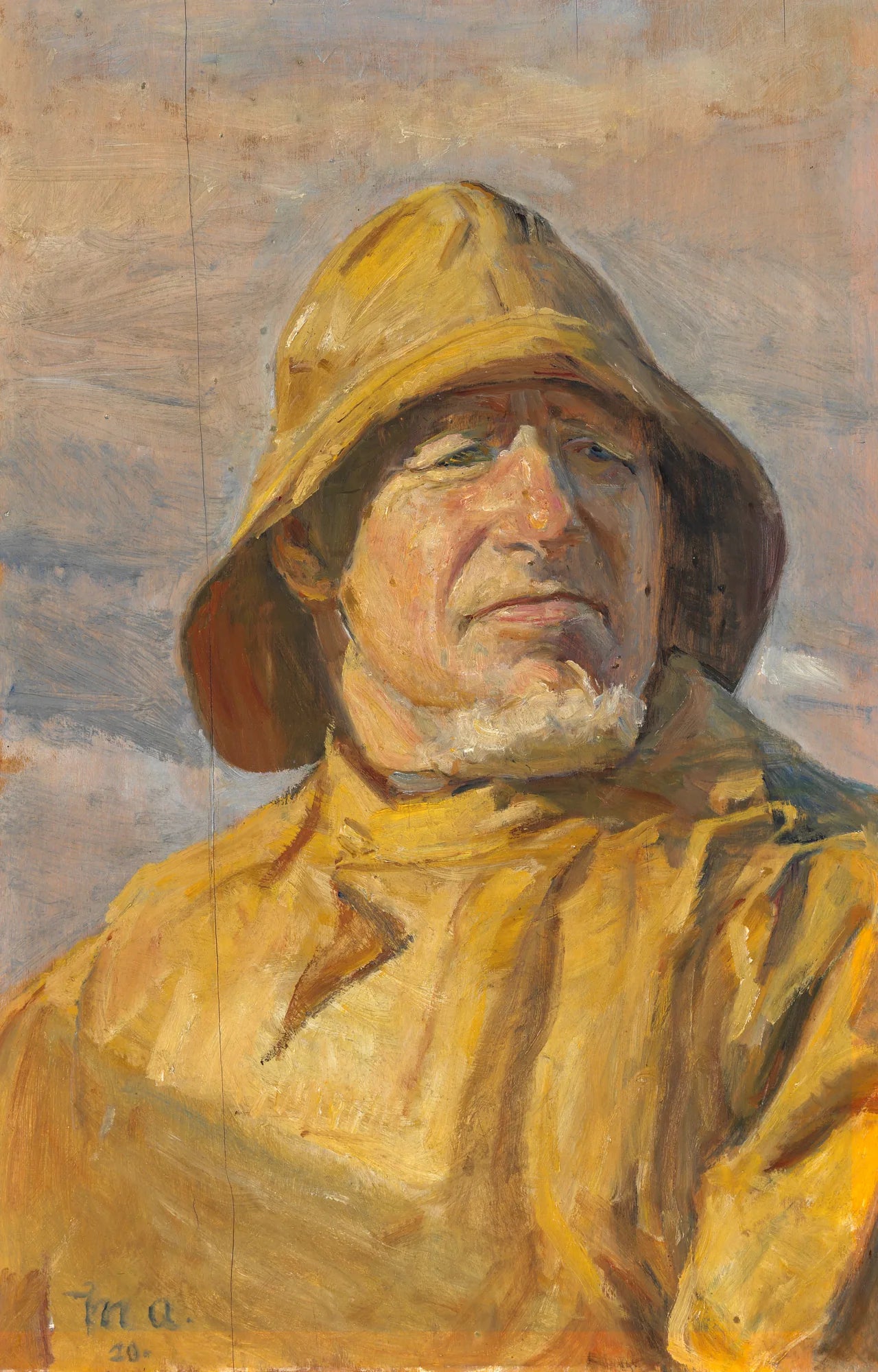 Un pêcheur de Skagen, vêtu d'un ciré et d'un manteau jaunes, plisse les yeux face au soleil éclatant. - Michael Peter Ancher image 1 reproduction de peinture à l’huile