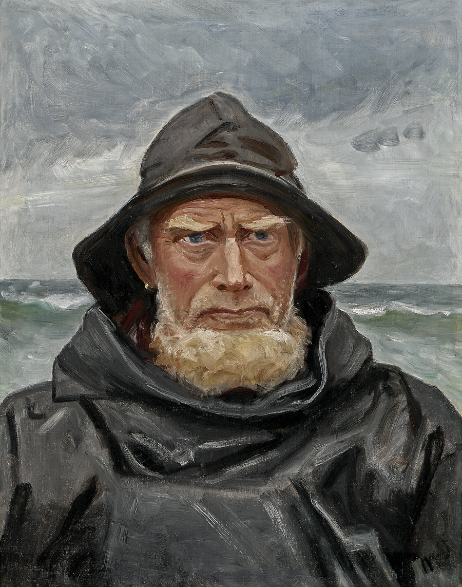 Un pescatore di Skagen, vestito con una tela cerata, è in piedi in riva al mare in una giornata nuvolosa. -Michael Peter Ancher