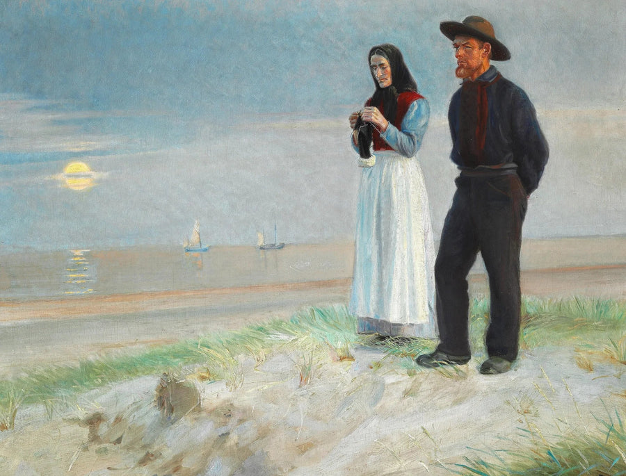 Un pescatore e sua moglie sulla spiaggia al tramonto. - Michael Peter Ancher
