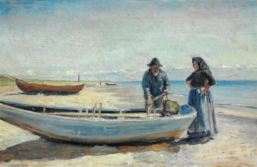 Un pescatore e sua moglie sulla spiaggia di Skagen Sønderstrand, vicino a una barca. Un faro incombe all'orizzonte. - Michael Peter Ancher